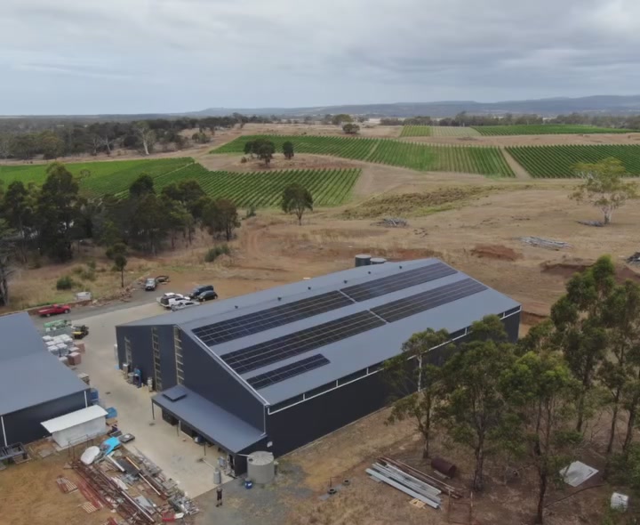 Drone view of the 80kW solar system REST Energy installed at Milton Winery on Tasmania's East Coast