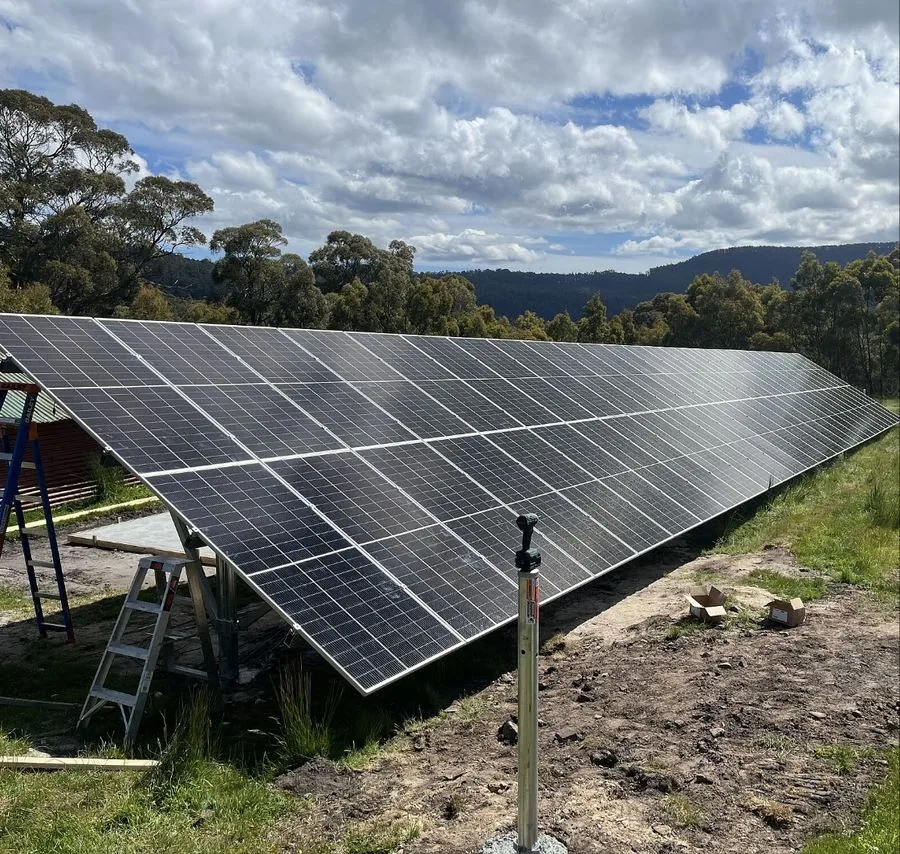 Large ground-mounted solar array on a bush block in Tasmania
