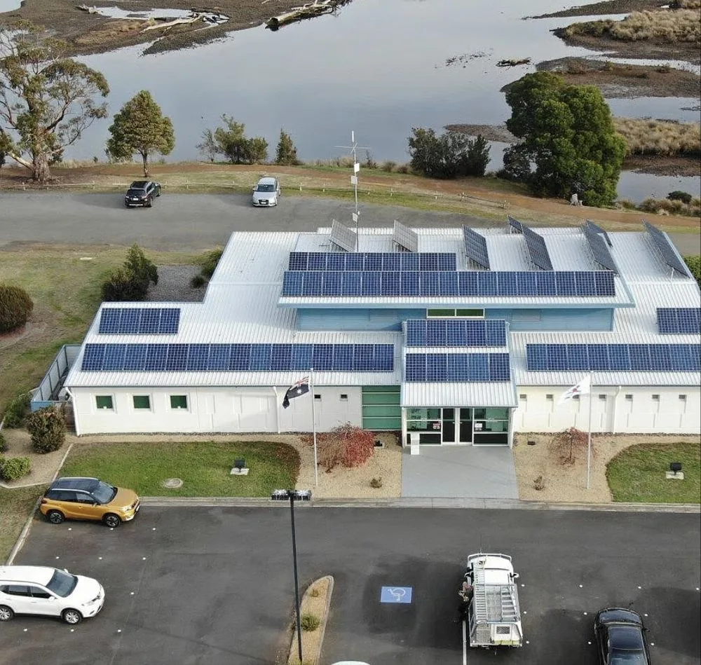 Aerial view of the Glamorgan Spring Bay Council building with a 33 kW solar system on the roof