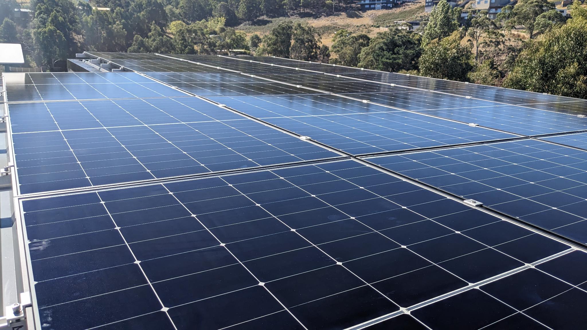 Close-up of rooftop solar panels on a Tasmanian home